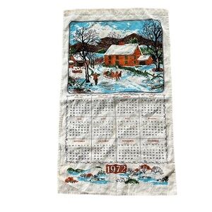 Vintage 1972 Hanging Fabric Calendar Red Barn Snow Scene 16” X 27”